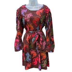 FOX & HEN Womens Sz M Colorful Wild‎ Leopards Brown Puff Sleeve Boho Mini Dress.